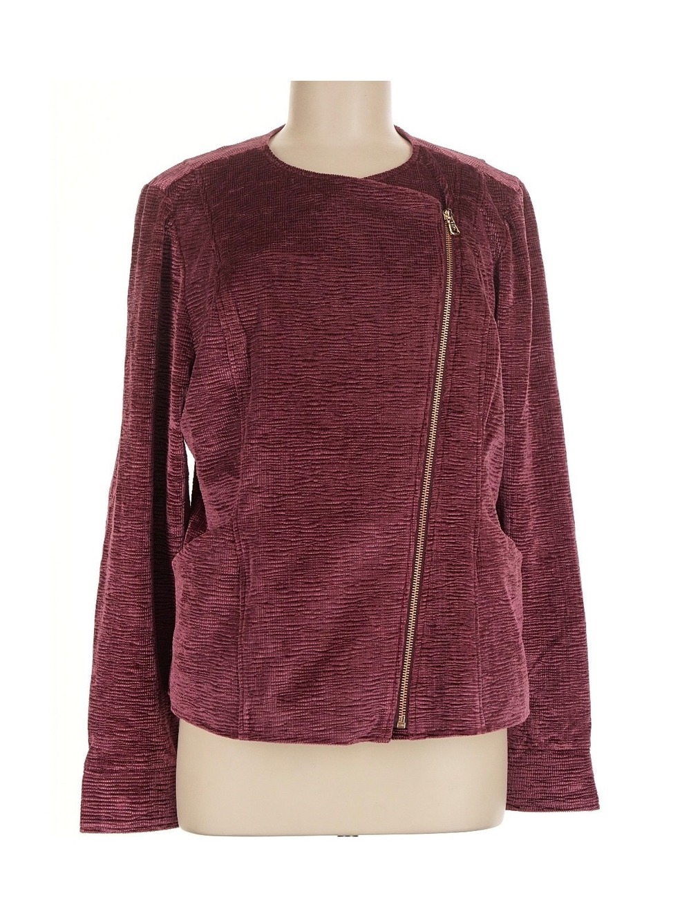 Burgundy Textured Asymmetrical Zip Moto Jacket Maroon Plum Size M